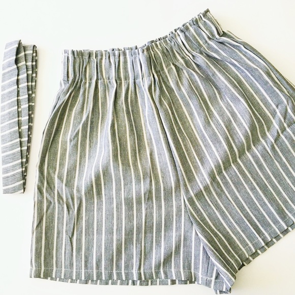 Gray and White Striped High Waisted Tie Shorts - Picture 2 of 4
